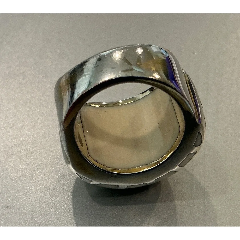 Chunky Stainless Steel Ring White‎ Brick Pattern Statement Band Size 7